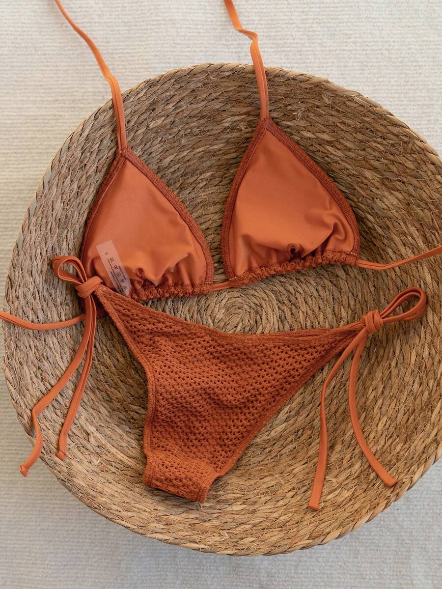 Swim Vcay 2026 Spring/Summer Green Special Fabric Women's Swimwear, Spaghetti Strap Halter Solid Color Sexy Side Tie Thong Bikini Two-Piece Swimwear Teal Bikini Tie Bikini Set Textured Bikini Triangle Bikini Triangle Bikini Set