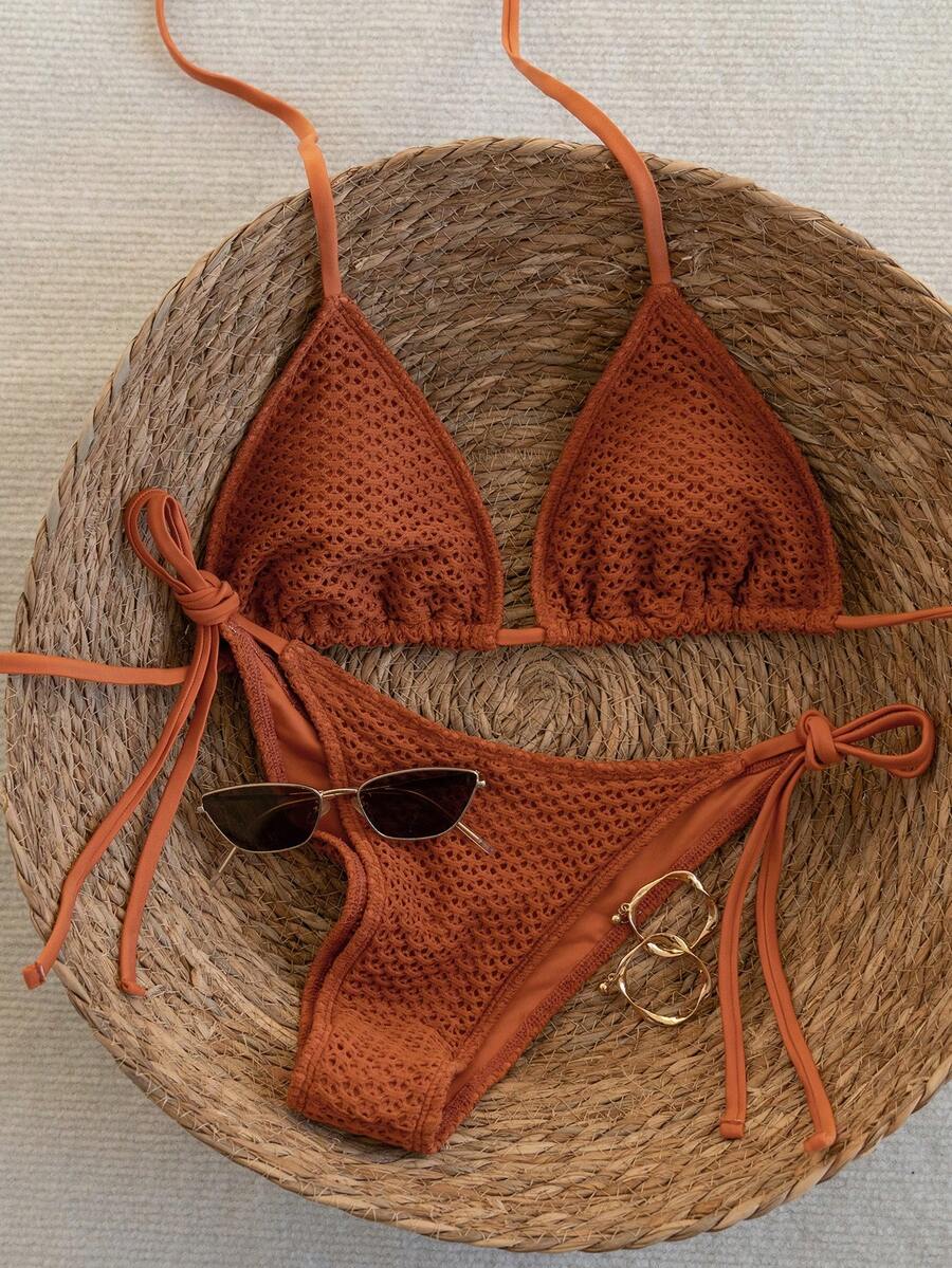 Swim Vcay 2026 Spring/Summer Green Special Fabric Women's Swimwear, Spaghetti Strap Halter Solid Color Sexy Side Tie Thong Bikini Two-Piece Swimwear Teal Bikini Tie Bikini Set Textured Bikini Triangle Bikini Triangle Bikini Set
