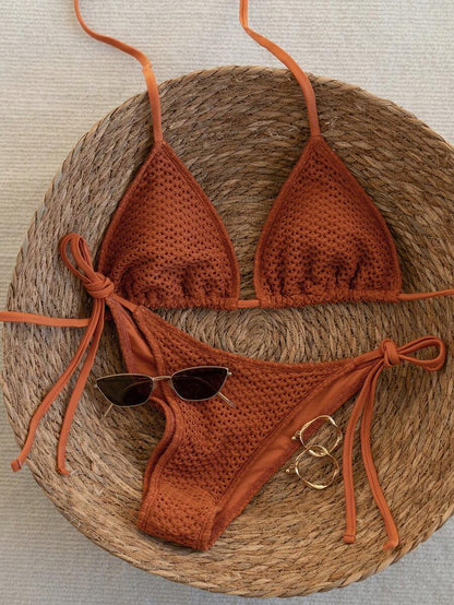 Swim Vcay 2026 Spring/Summer Green Special Fabric Women's Swimwear, Spaghetti Strap Halter Solid Color Sexy Side Tie Thong Bikini Two-Piece Swimwear Teal Bikini Tie Bikini Set Textured Bikini Triangle Bikini Triangle Bikini Set