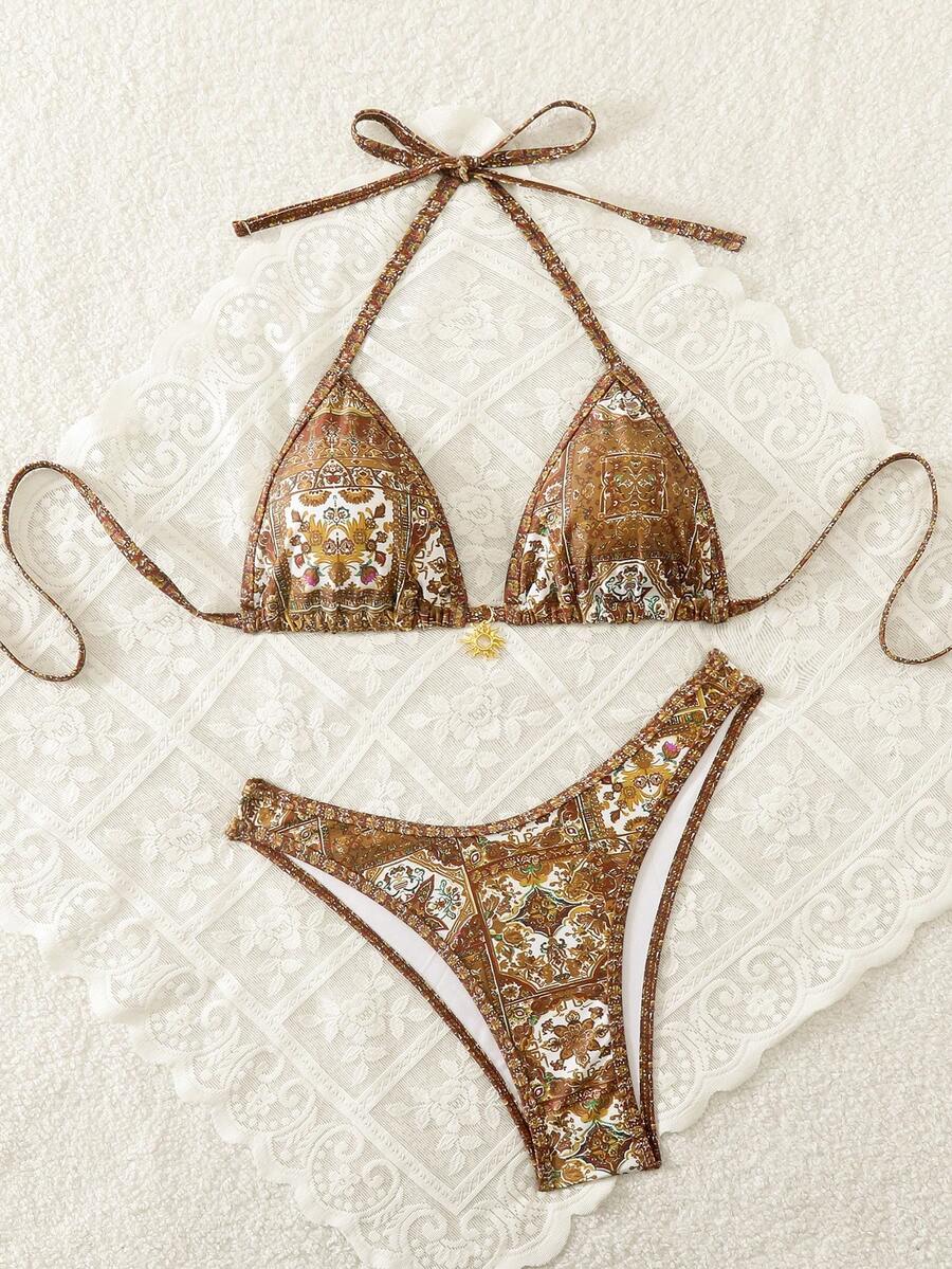 Women's 2-Piece Boho Halter Bikini Set - Gold Accessory, High-Cut, Floral Print, Multicolor