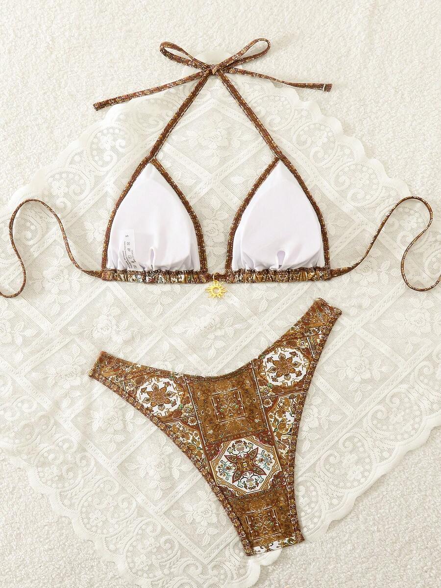 Women's 2-Piece Boho Halter Bikini Set - Gold Accessory, High-Cut, Floral Print, Multicolor