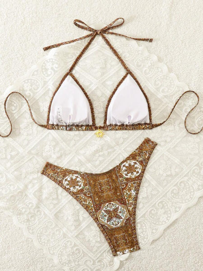 Women's 2-Piece Boho Halter Bikini Set - Gold Accessory, High-Cut, Floral Print, Multicolor