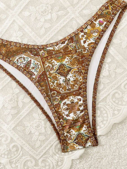 Women's 2-Piece Boho Halter Bikini Set - Gold Accessory, High-Cut, Floral Print, Multicolor