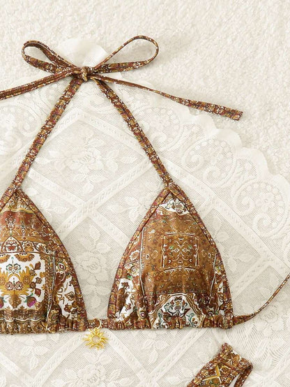 Women's 2-Piece Boho Halter Bikini Set - Gold Accessory, High-Cut, Floral Print, Multicolor