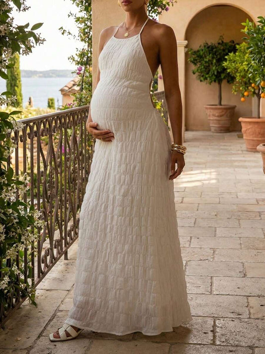 White Maternity Dress, Elegant Casual Commute Vacation Minimalist Sexy Backless White Maxi Dress, Birthday Party Vintage Style Bodycon Solid Color Round Neck Sleeveless Waist Cinched Mid-Length/Long Dress, Bohemian Style