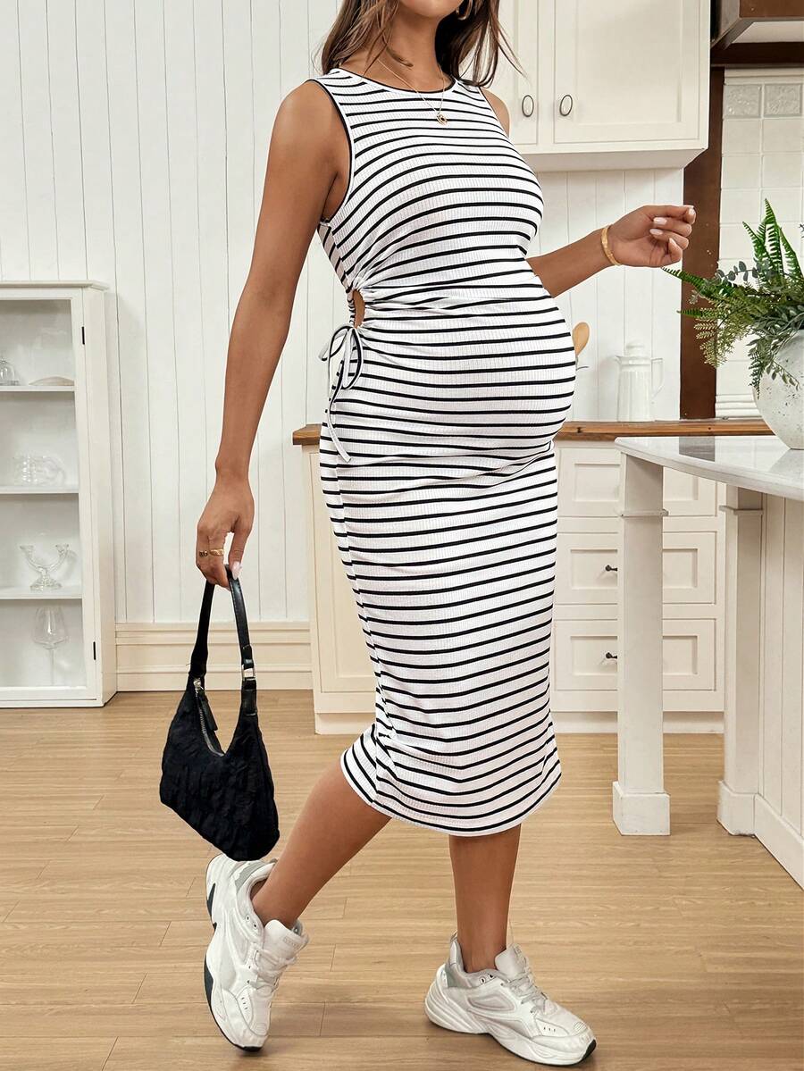 Maternity Striped Tank Midi Dress - Round Neck, Bow Detail, Sleeveless, Black and White