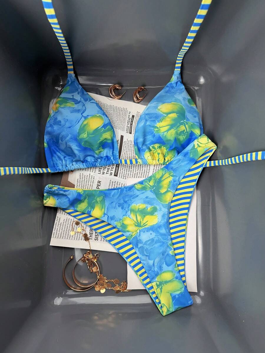 Swim Vcay Women's Tropical Floral Halter Neck Backless Sexy Bikini Set For Beach Vacation For Summer Rave Lollapalooza