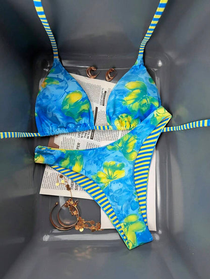 Swim Vcay Women's Tropical Floral Halter Neck Backless Sexy Bikini Set For Beach Vacation For Summer Rave Lollapalooza