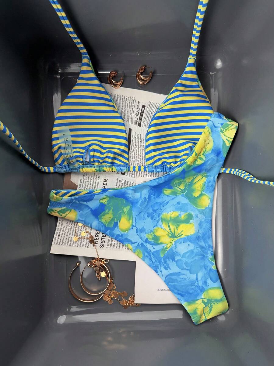 Swim Vcay Women's Tropical Floral Halter Neck Backless Sexy Bikini Set For Beach Vacation For Summer Rave Lollapalooza