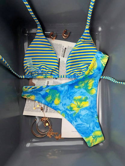 Swim Vcay Women's Tropical Floral Halter Neck Backless Sexy Bikini Set For Beach Vacation For Summer Rave Lollapalooza