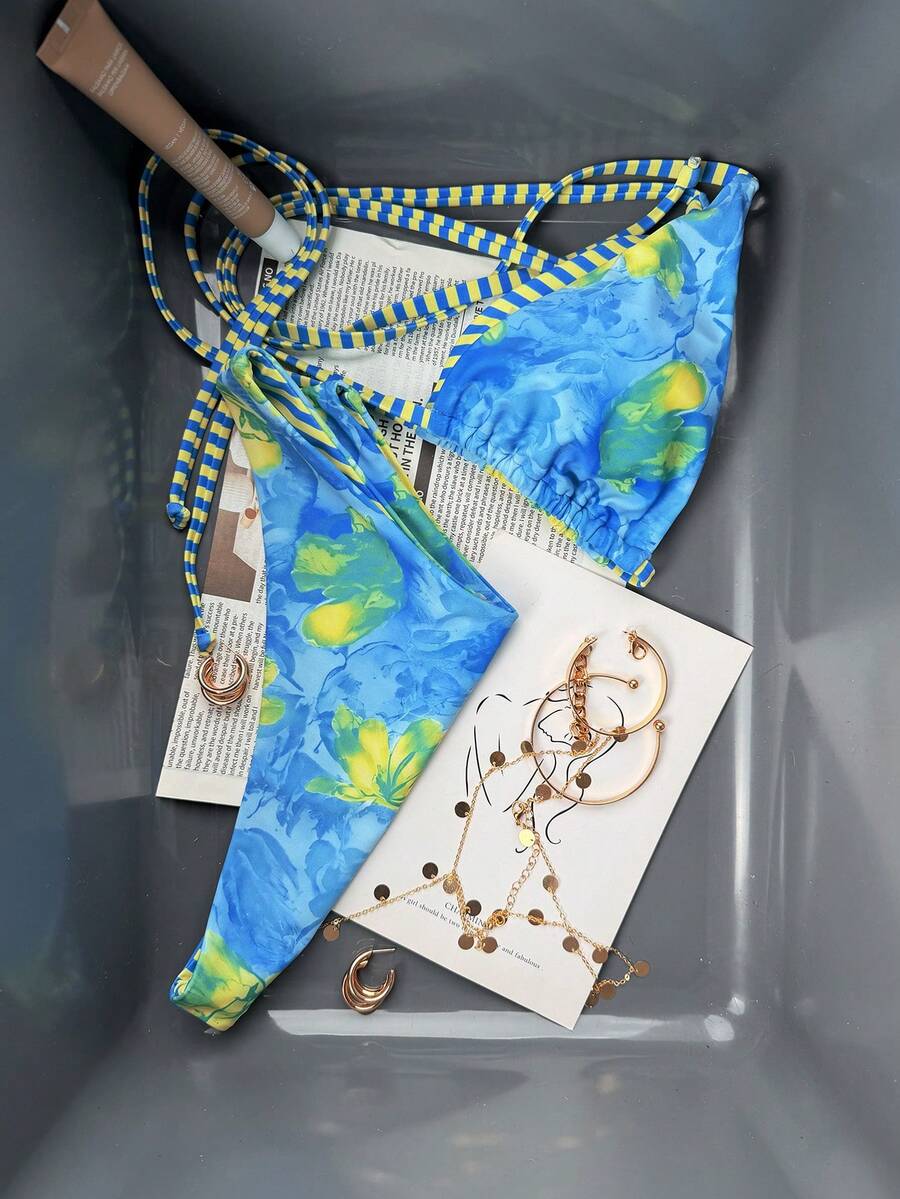 Swim Vcay Women's Tropical Floral Halter Neck Backless Sexy Bikini Set For Beach Vacation For Summer Rave Lollapalooza