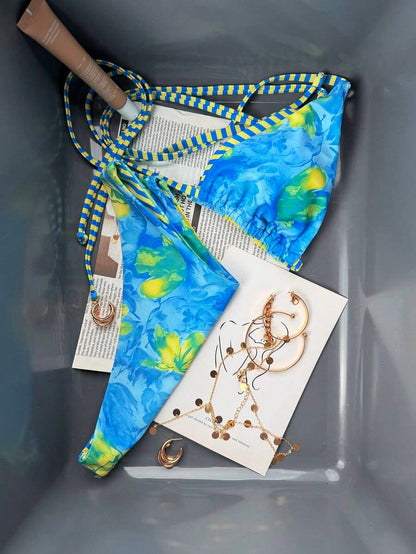 Swim Vcay Women's Tropical Floral Halter Neck Backless Sexy Bikini Set For Beach Vacation For Summer Rave Lollapalooza