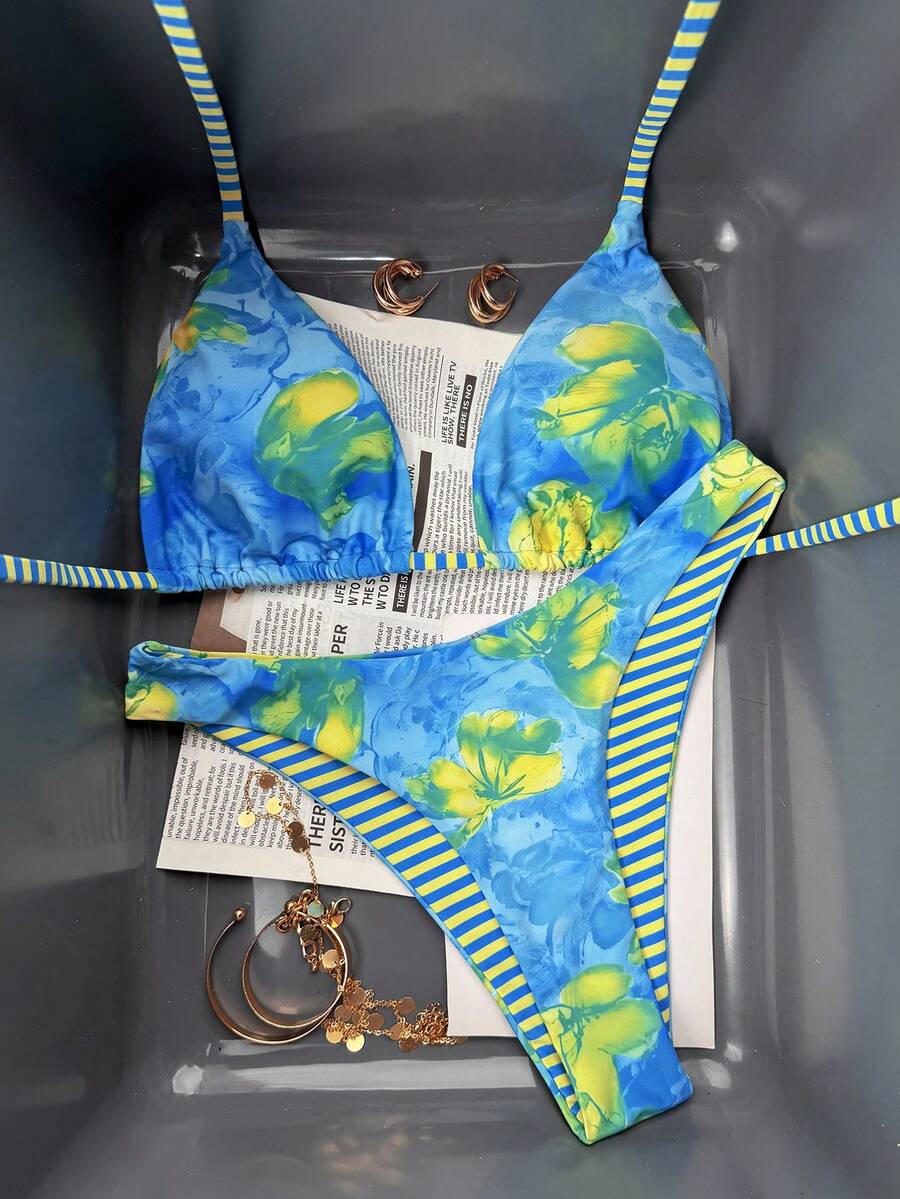 Swim Vcay Women's Tropical Floral Halter Neck Backless Sexy Bikini Set For Beach Vacation For Summer Rave Lollapalooza