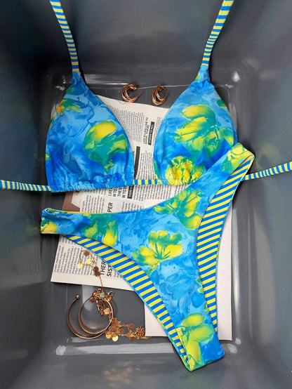 Swim Vcay Women's Tropical Floral Halter Neck Backless Sexy Bikini Set For Beach Vacation For Summer Rave Lollapalooza