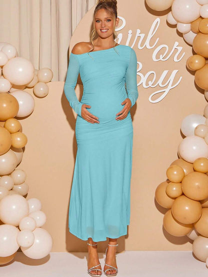Maternity Oblique Shoulder Long Sleeve Ruched Dress Solid Color Slim Fit Elegant Pregnancy Gown for Baby Shower Fall Winter Party