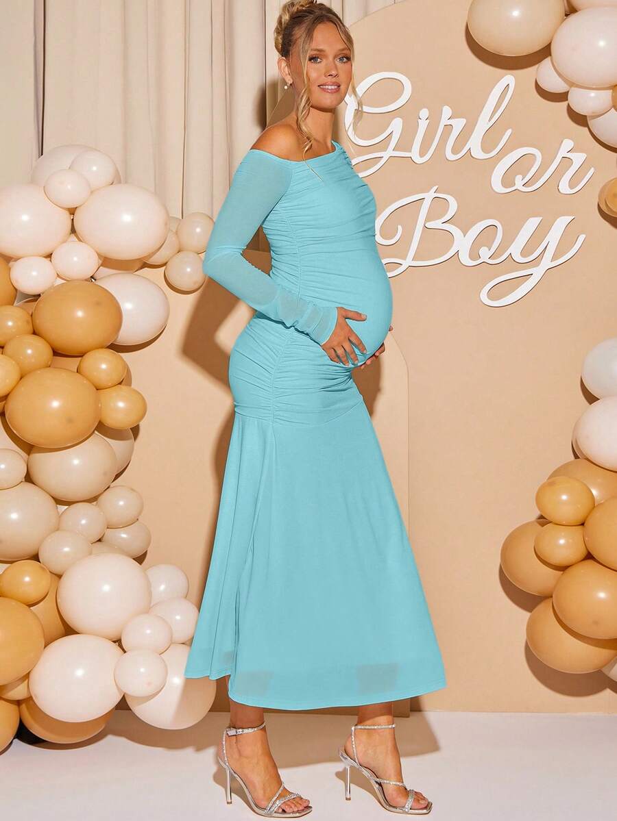 Maternity Oblique Shoulder Long Sleeve Ruched Dress Solid Color Slim Fit Elegant Pregnancy Gown for Baby Shower Fall Winter Party