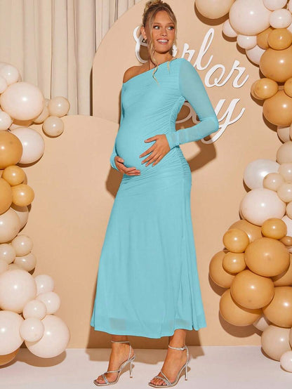 Maternity Oblique Shoulder Long Sleeve Ruched Dress Solid Color Slim Fit Elegant Pregnancy Gown for Baby Shower Fall Winter Party