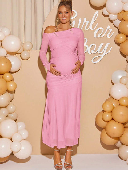 Maternity Oblique Shoulder Long Sleeve Ruched Dress Solid Color Slim Fit Elegant Pregnancy Gown for Baby Shower Fall Winter Party