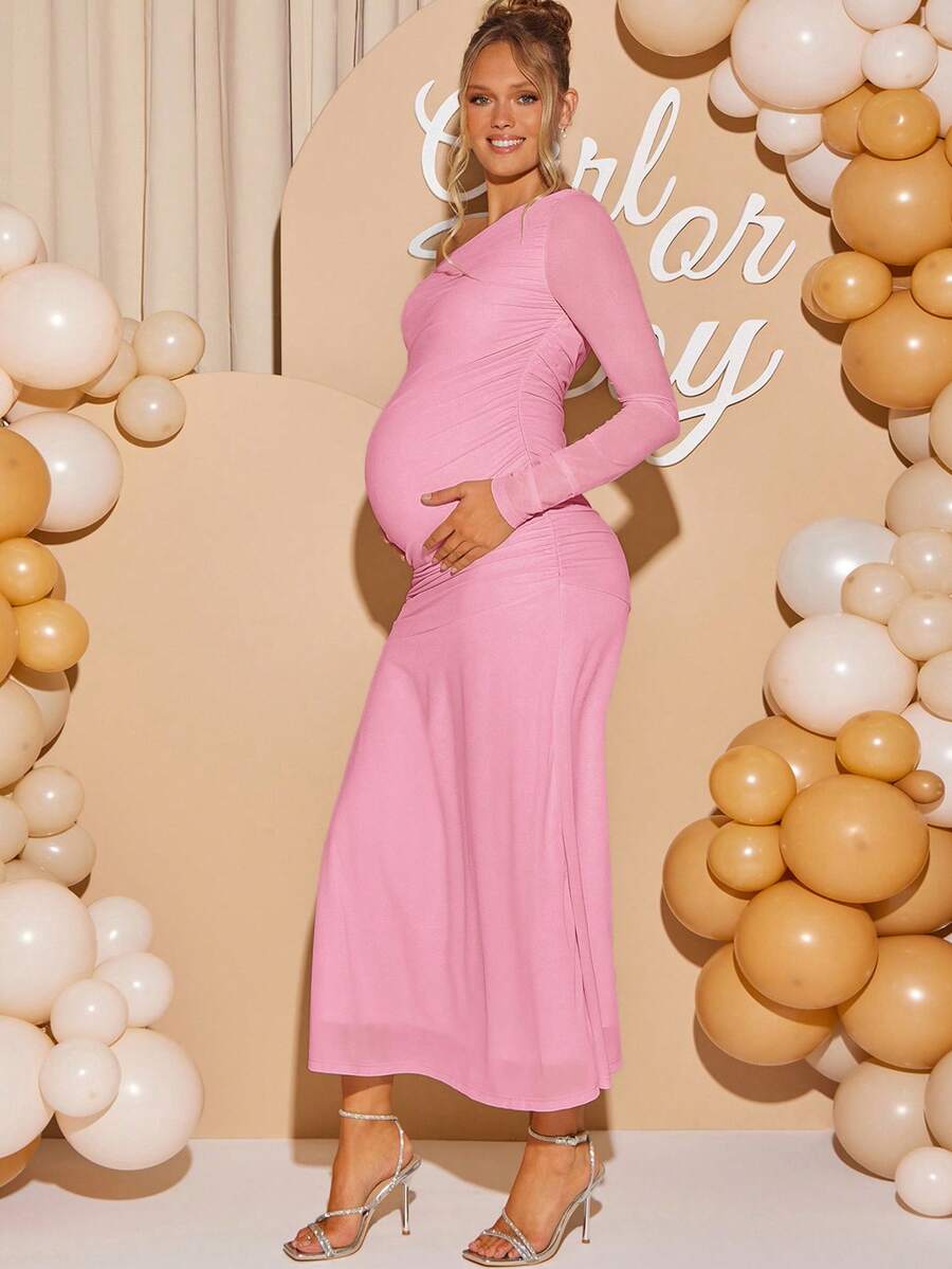 Maternity Oblique Shoulder Long Sleeve Ruched Dress Solid Color Slim Fit Elegant Pregnancy Gown for Baby Shower Fall Winter Party