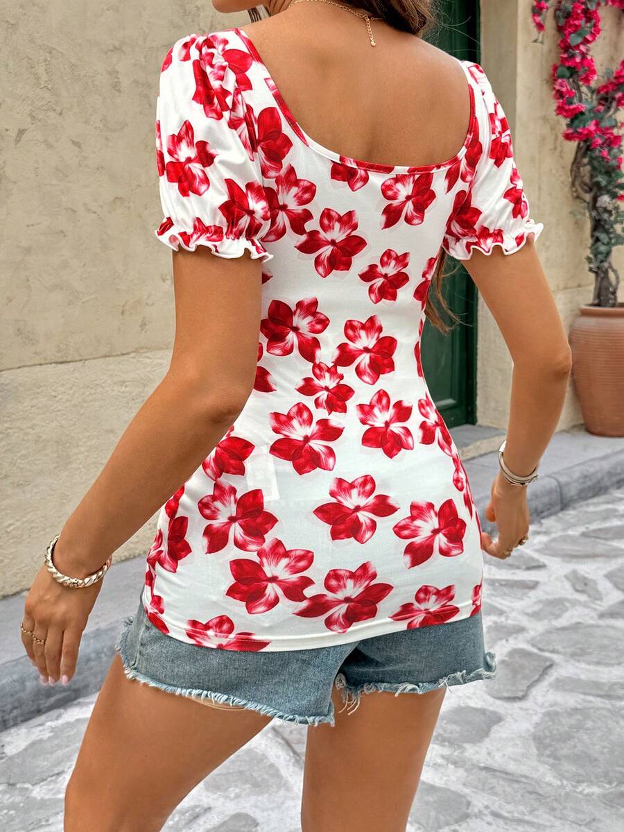 Red Floral Print U-Neck Short Puff Sleeve Maternity T-Shirt Slim Fit Knitted Casual Summer Top with Bow Front