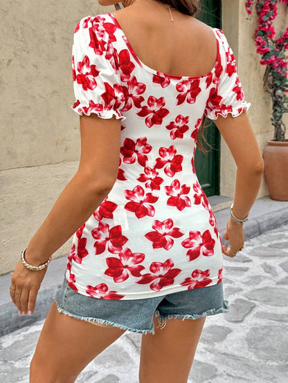Red Floral Print U-Neck Short Puff Sleeve Maternity T-Shirt Slim Fit Knitted Casual Summer Top with Bow Front