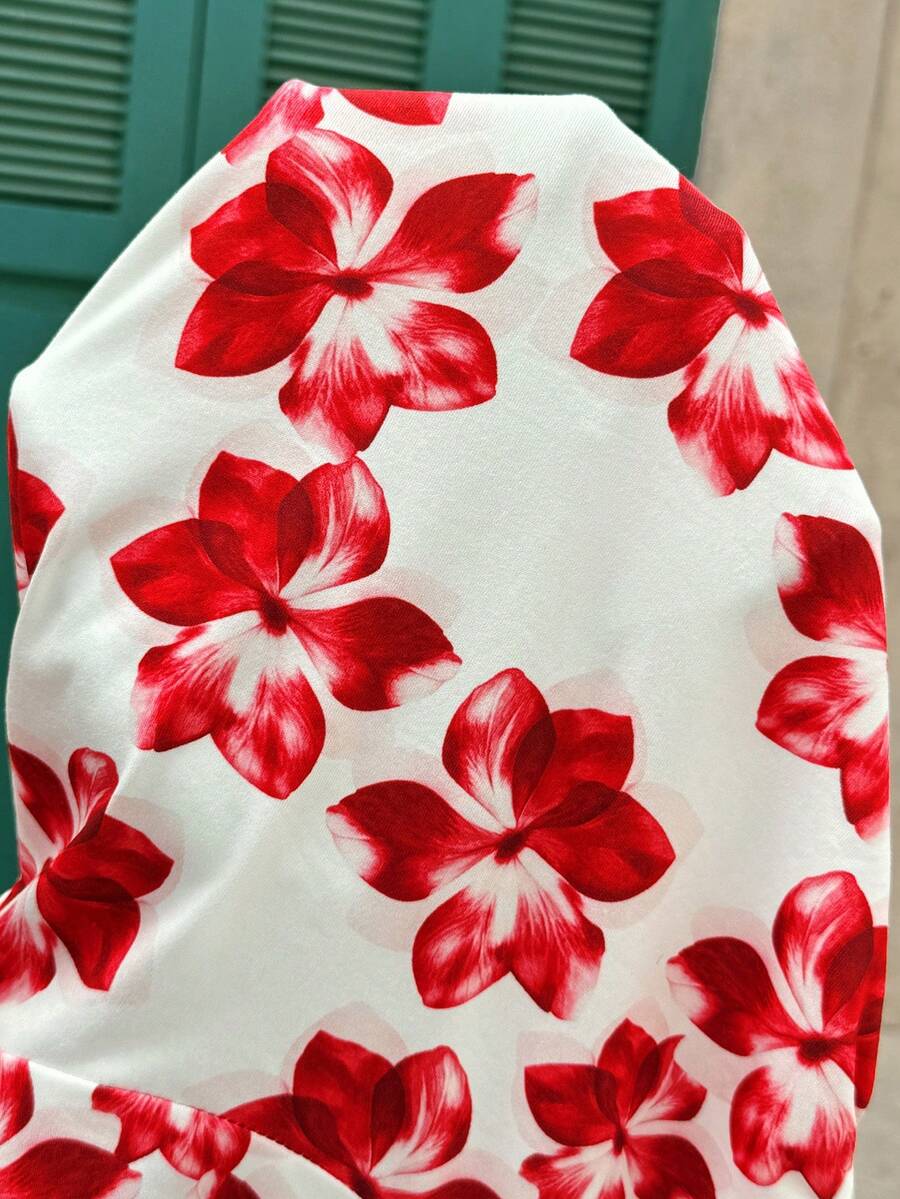 Red Floral Print U-Neck Short Puff Sleeve Maternity T-Shirt Slim Fit Knitted Casual Summer Top with Bow Front
