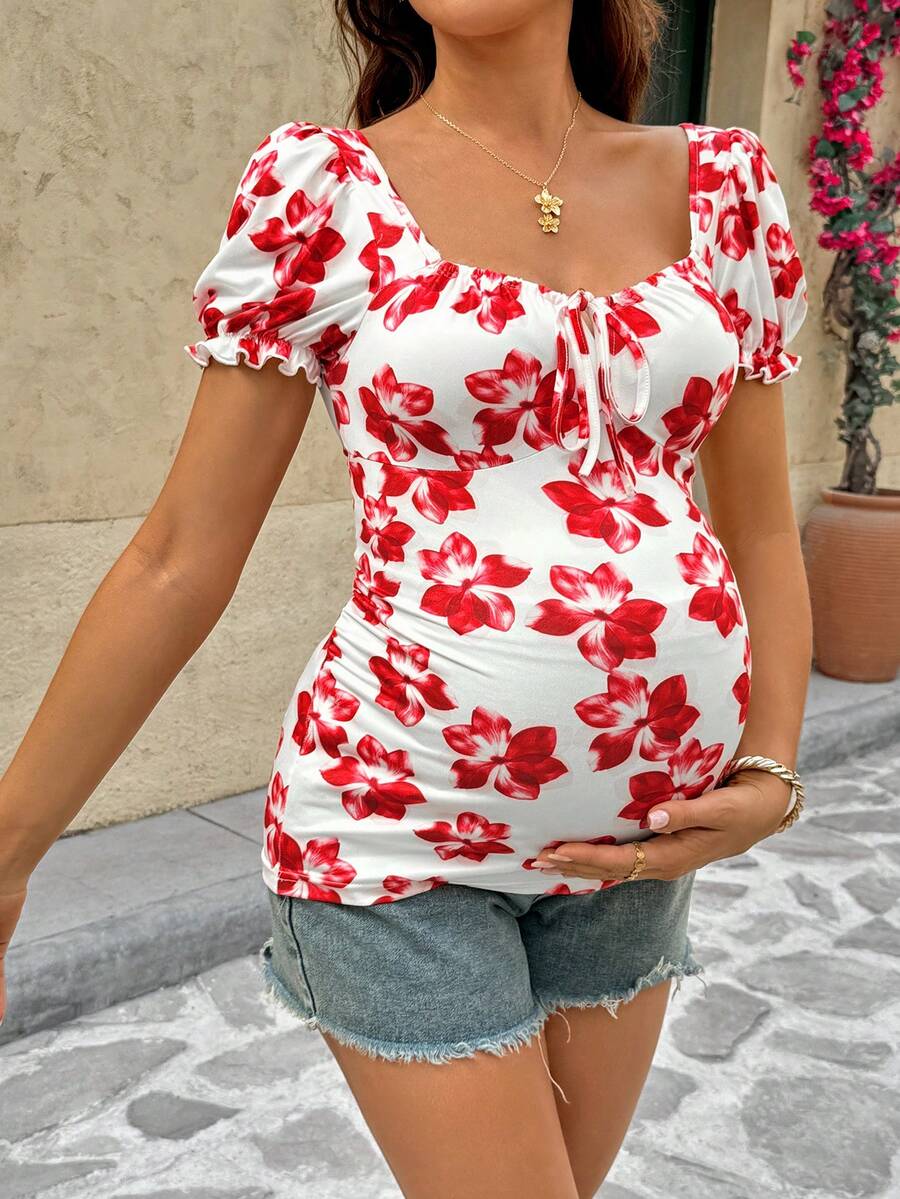 Red Floral Print U-Neck Short Puff Sleeve Maternity T-Shirt Slim Fit Knitted Casual Summer Top with Bow Front