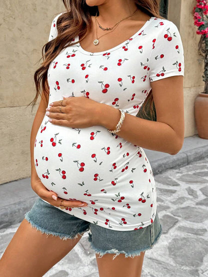 Maternity Cherry Print Short Sleeve T-Shirt Casual Scoop Neck Slim Fit Pink Summer Top with Padded Bust and Medium Stretch