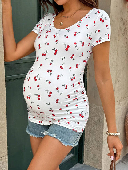 Maternity Cherry Print Short Sleeve T-Shirt Casual Scoop Neck Slim Fit Pink Summer Top with Padded Bust and Medium Stretch