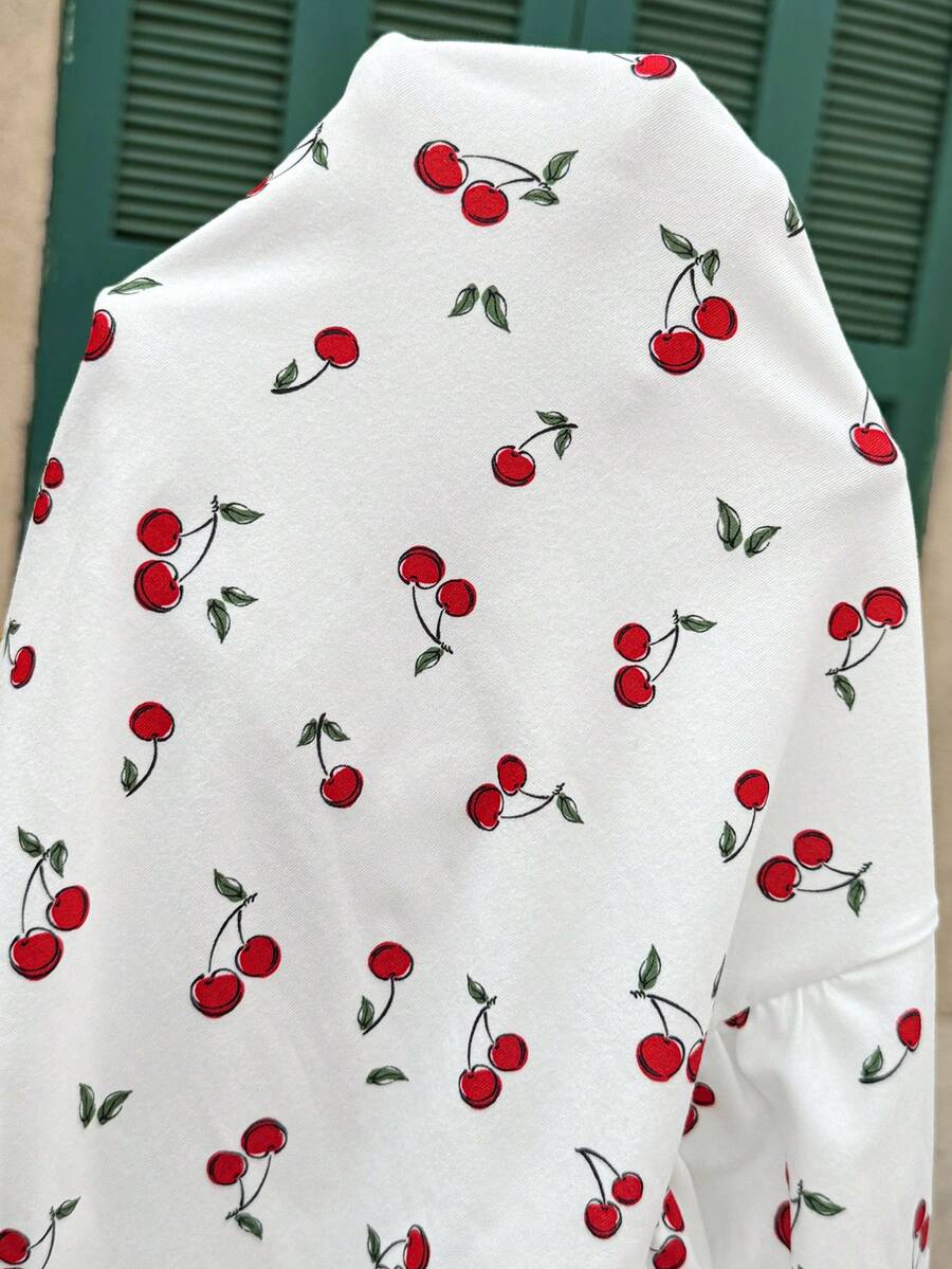 Maternity Cherry Print Short Sleeve T-Shirt Casual Scoop Neck Slim Fit Pink Summer Top with Padded Bust and Medium Stretch