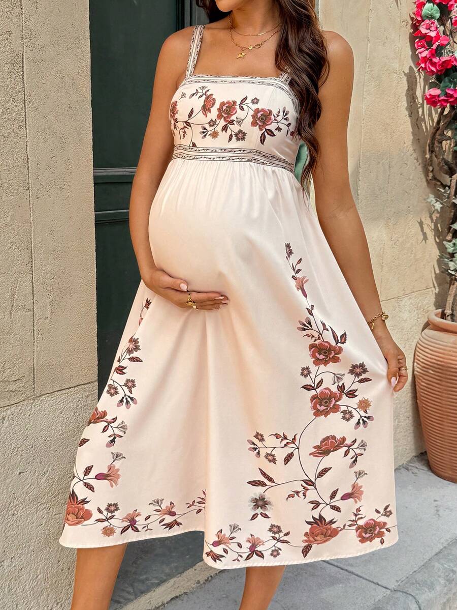 Rusty Rose Floral Spaghetti Strap Midi Maternity Dress, Boho High Waist Shirred Ruffled Beach Sundress, Sleeveless Slim Fit Cami Dress