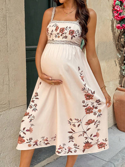 Rusty Rose Floral Spaghetti Strap Midi Maternity Dress, Boho High Waist Shirred Ruffled Beach Sundress, Sleeveless Slim Fit Cami Dress
