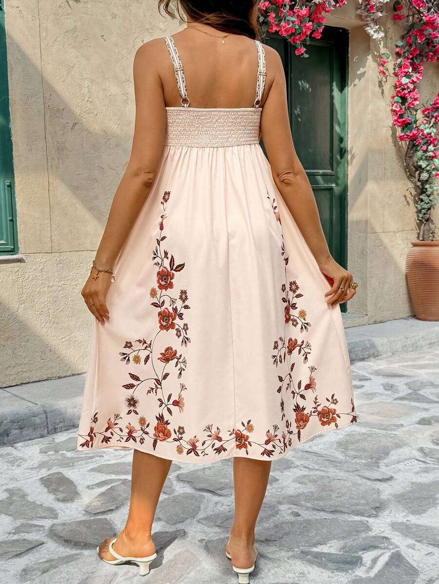 Rusty Rose Floral Spaghetti Strap Midi Maternity Dress, Boho High Waist Shirred Ruffled Beach Sundress, Sleeveless Slim Fit Cami Dress