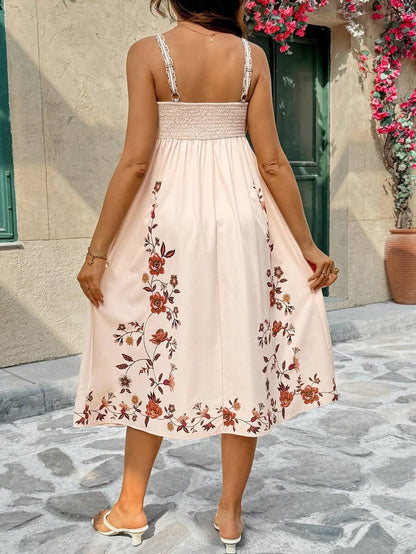 Rusty Rose Floral Spaghetti Strap Midi Maternity Dress, Boho High Waist Shirred Ruffled Beach Sundress, Sleeveless Slim Fit Cami Dress