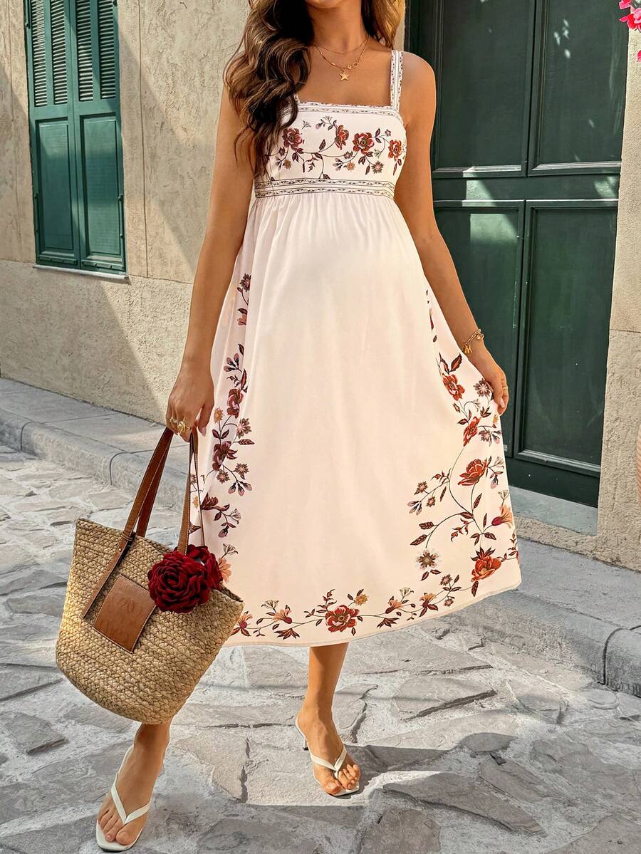 Rusty Rose Floral Spaghetti Strap Midi Maternity Dress, Boho High Waist Shirred Ruffled Beach Sundress, Sleeveless Slim Fit Cami Dress