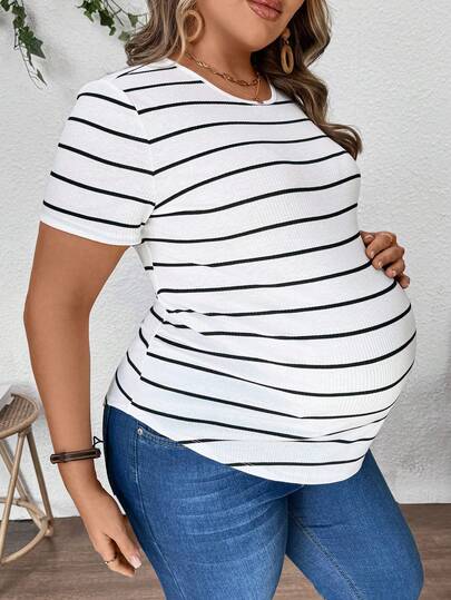 Plus Size Maternity Striped Top - Round Neck, Short Sleeve, Asymmetrical, Long, Black and White