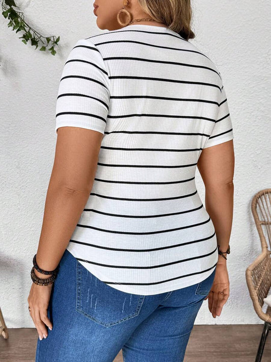 Plus Size Maternity Striped Top - Round Neck, Short Sleeve, Asymmetrical, Long, Black and White