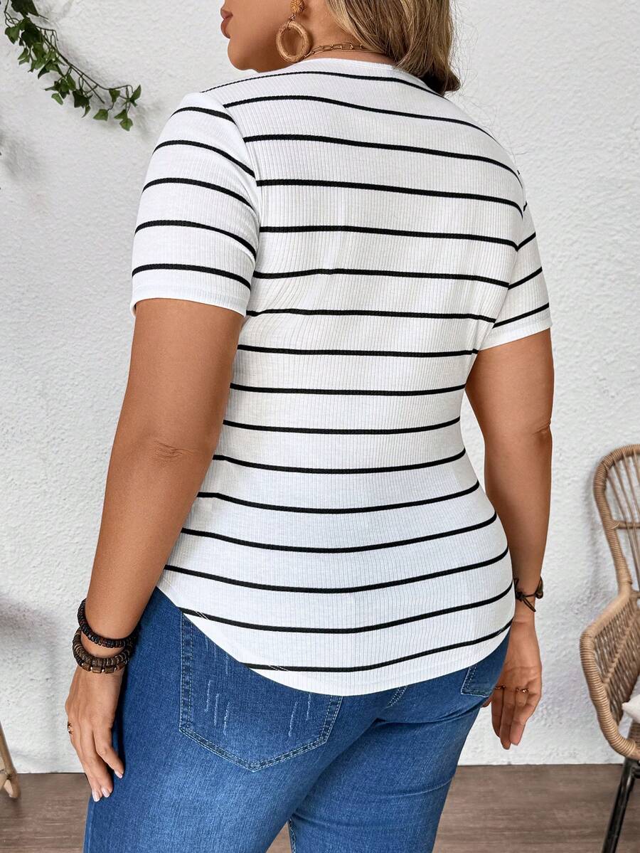 Plus Size Maternity Striped Top - Round Neck, Short Sleeve, Asymmetrical, Long, Black and White
