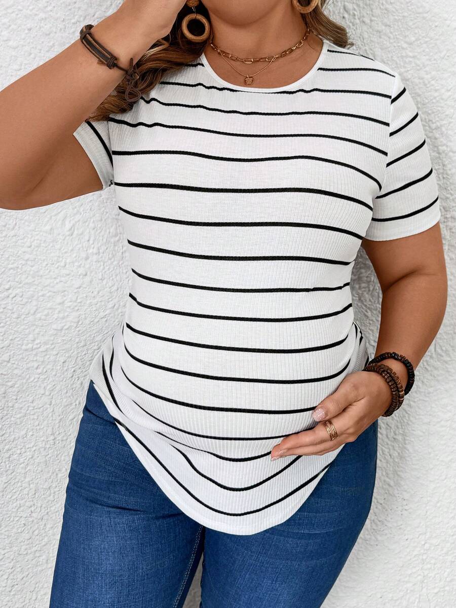 Plus Size Maternity Striped Top - Round Neck, Short Sleeve, Asymmetrical, Long, Black and White