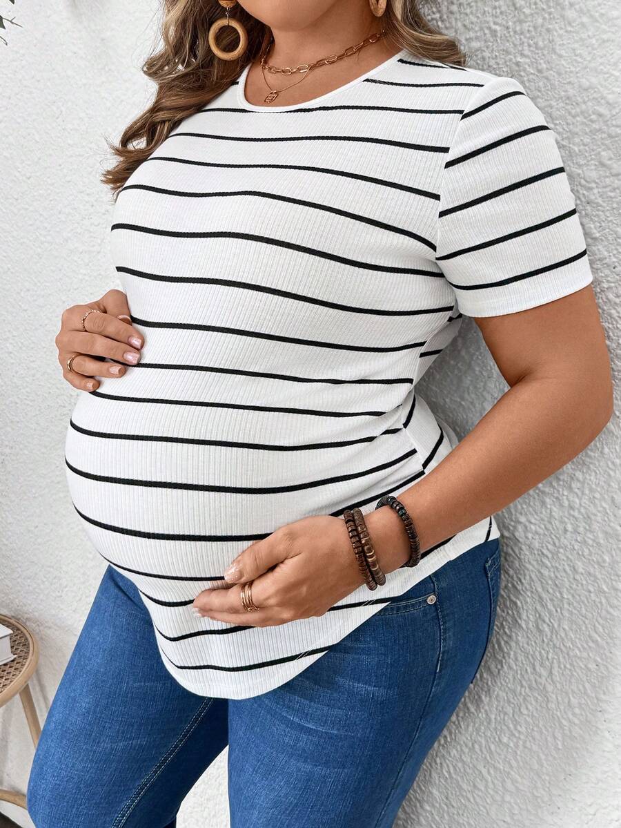 Plus Size Maternity Striped Top - Round Neck, Short Sleeve, Asymmetrical, Long, Black and White
