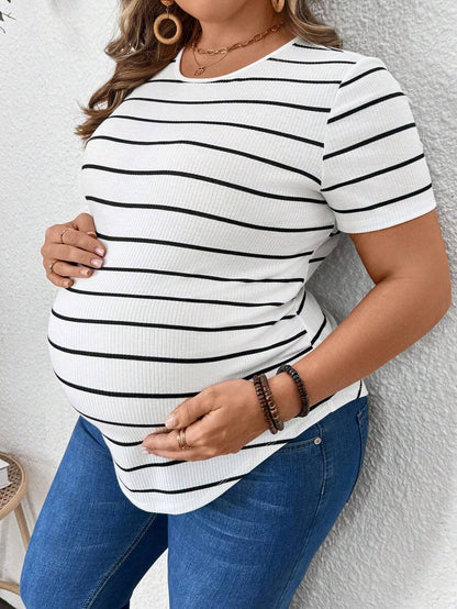 Plus Size Maternity Striped Top - Round Neck, Short Sleeve, Asymmetrical, Long, Black and White