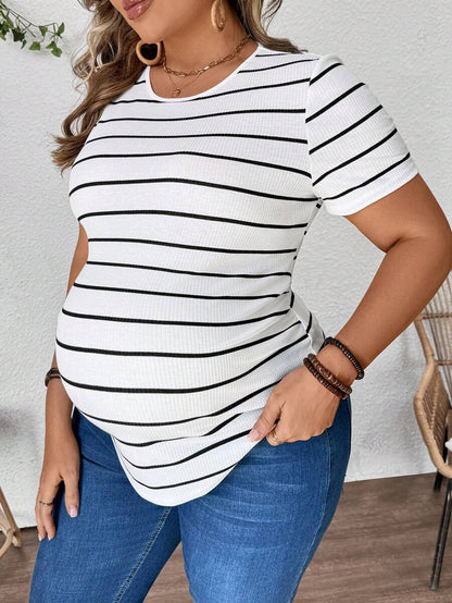 Plus Size Maternity Striped Top - Round Neck, Short Sleeve, Asymmetrical, Long, Black and White