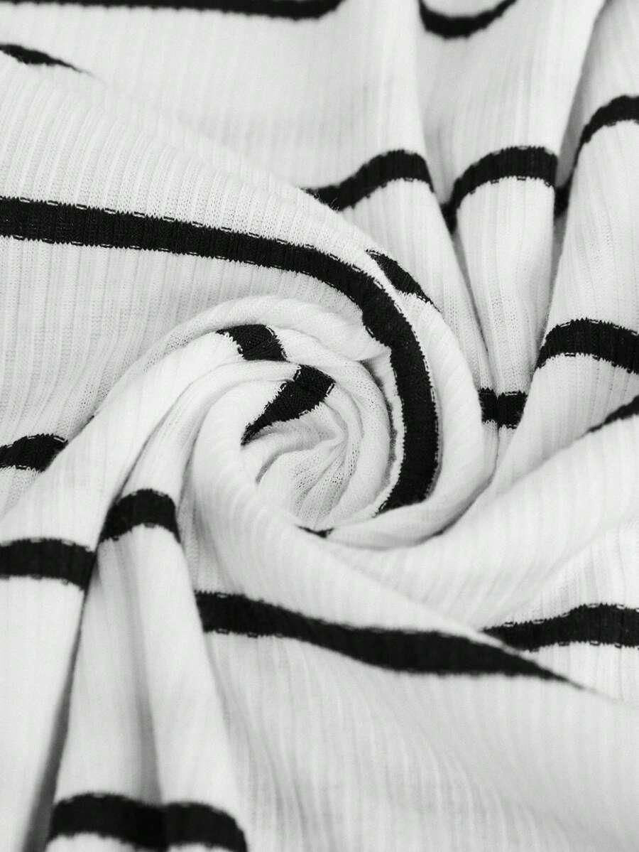 Plus Size Maternity Striped Top - Round Neck, Short Sleeve, Asymmetrical, Long, Black and White