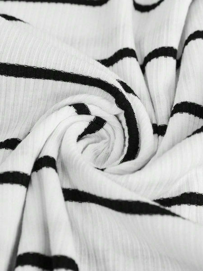Plus Size Maternity Striped Top - Round Neck, Short Sleeve, Asymmetrical, Long, Black and White
