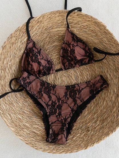 Swim Vcay 2026 Spring/Summer Women's Spaghetti Strap Halter Neck Black Base White Polka Dot Random Print Sweet Cute Side High Cut Bikini Swimwear 2-Piece Set Vacation Bikini Set Pink Bikini Set High Leg Bikini Set Modest Bikini Set Bikini Set