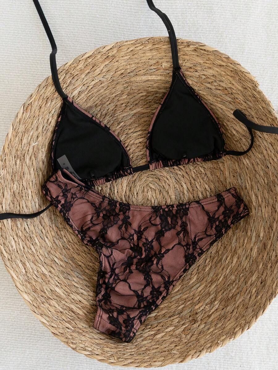 Swim Vcay 2026 Spring/Summer Women's Spaghetti Strap Halter Neck Black Base White Polka Dot Random Print Sweet Cute Side High Cut Bikini Swimwear 2-Piece Set Vacation Bikini Set Pink Bikini Set High Leg Bikini Set Modest Bikini Set Bikini Set