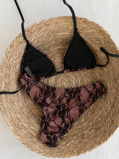 Swim Vcay 2026 Spring/Summer Women's Spaghetti Strap Halter Neck Black Base White Polka Dot Random Print Sweet Cute Side High Cut Bikini Swimwear 2-Piece Set Vacation Bikini Set Pink Bikini Set High Leg Bikini Set Modest Bikini Set Bikini Set