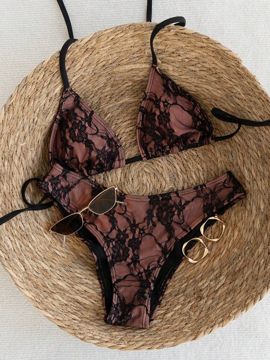 Swim Vcay 2026 Spring/Summer Women's Spaghetti Strap Halter Neck Black Base White Polka Dot Random Print Sweet Cute Side High Cut Bikini Swimwear 2-Piece Set Vacation Bikini Set Pink Bikini Set High Leg Bikini Set Modest Bikini Set Bikini Set