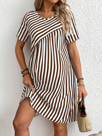 Maternity Striped Round Neck Short Sleeve A-Line Dress Casual Red and White Short Maternity Dress with Button Details