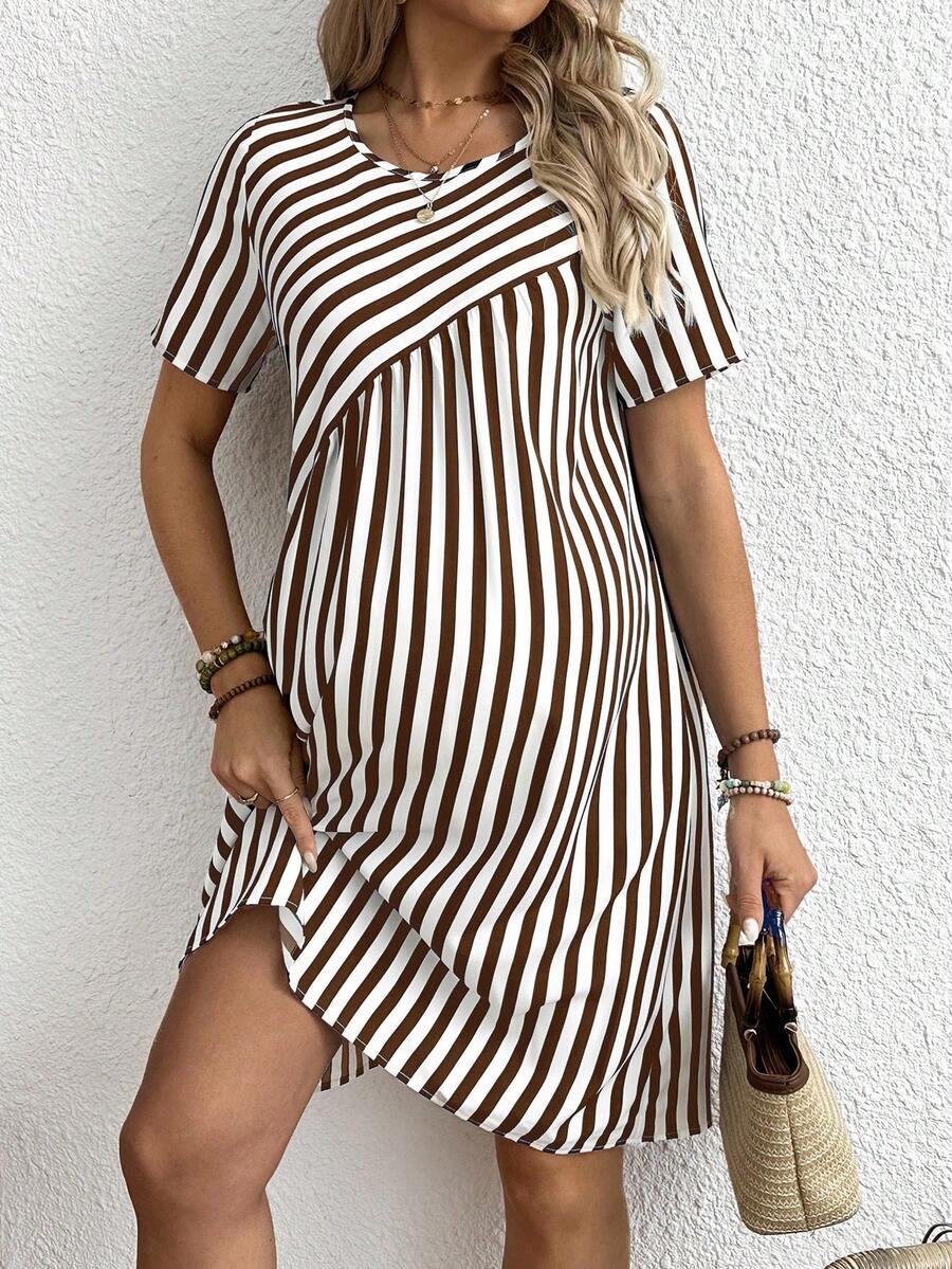 Maternity Short Sleeve Striped A-Line Dress Round Neck Button Detail Casual Blue and White Short Summer Dress